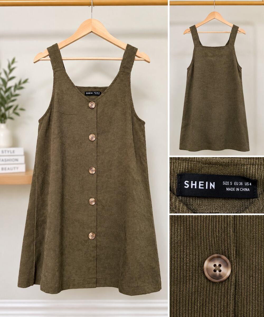 SHEIN Olive Green Corduroy Button Front Pinafore Dress Size S / US 4